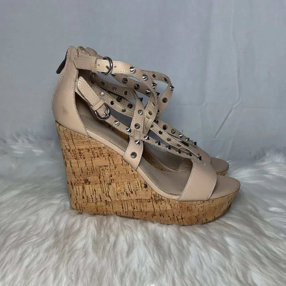 Marc‎ Fisher Studded Beige Leather Women's Stappy Wedge Sandals Sz 8